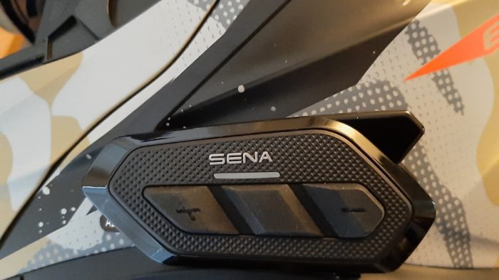Close-up of Sena SPIDER Mesh System installed in helmet Close-up of Sena SPIDER Mesh System installed in helmet