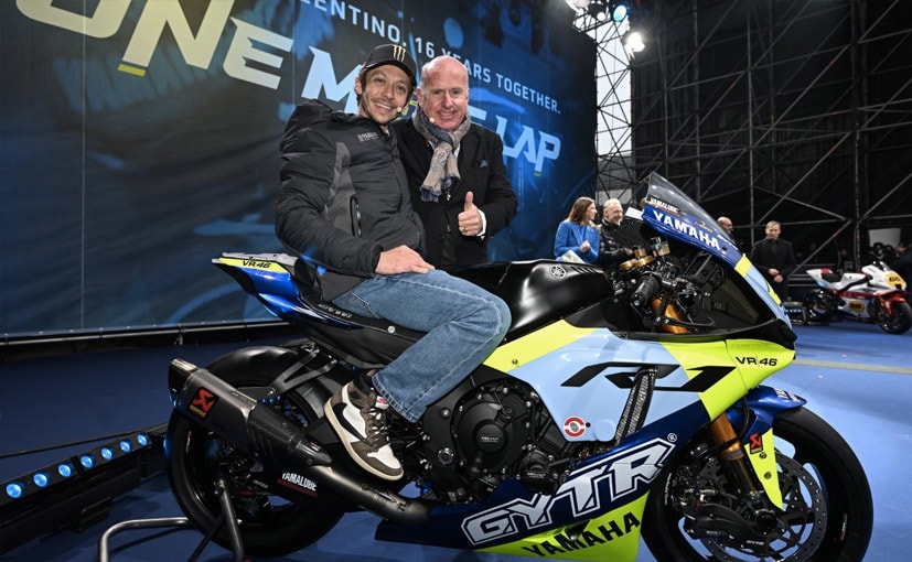 Valentino Rossi checking out the new limited edition tribute bike from Yamaha in commemoration of his 26-year career