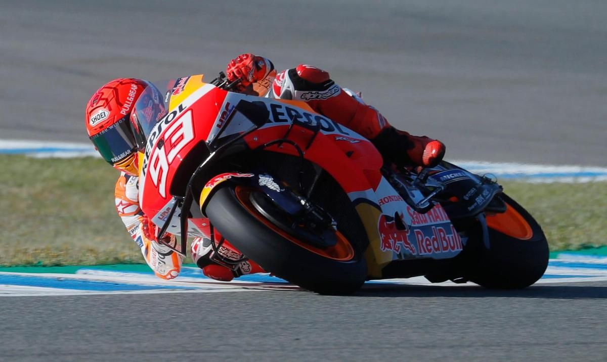 A view of Marc Marquez leaning into the track twisties as he races for Honda Repsol