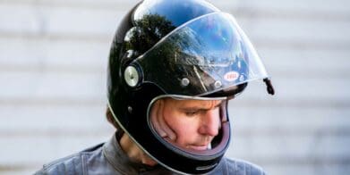 Author wearing Bell Bullitt Helmet with face shield raised