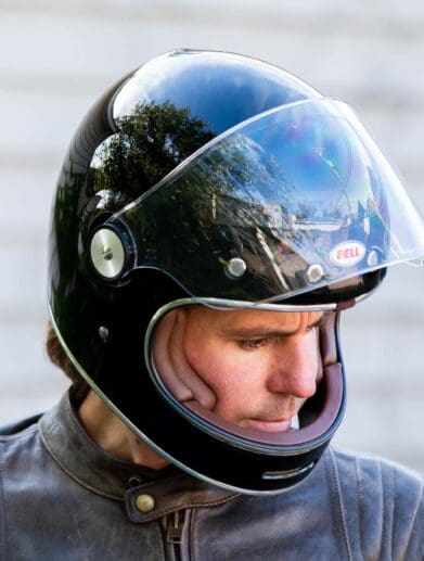 Author wearing Bell Bullitt Helmet with face shield raised