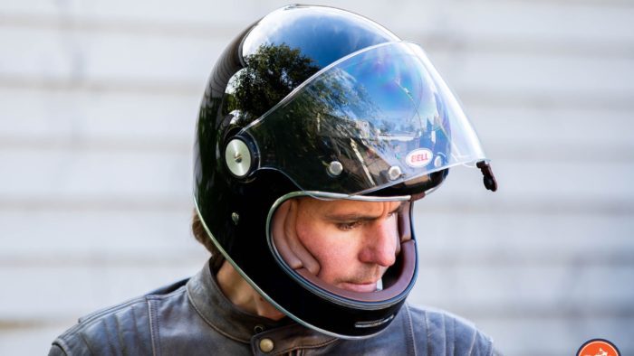 Author wearing Bell Bullitt Helmet with face shield raised