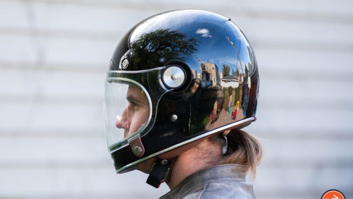 Side view of author wearing Bell Bullitt Helmet with face shield lowered