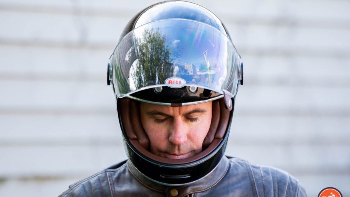Author wearing Bell Bullitt Helmet with chin lowered and face shield raised Author wearing Bell Bullitt Helmet with chin lowered and face shield raised