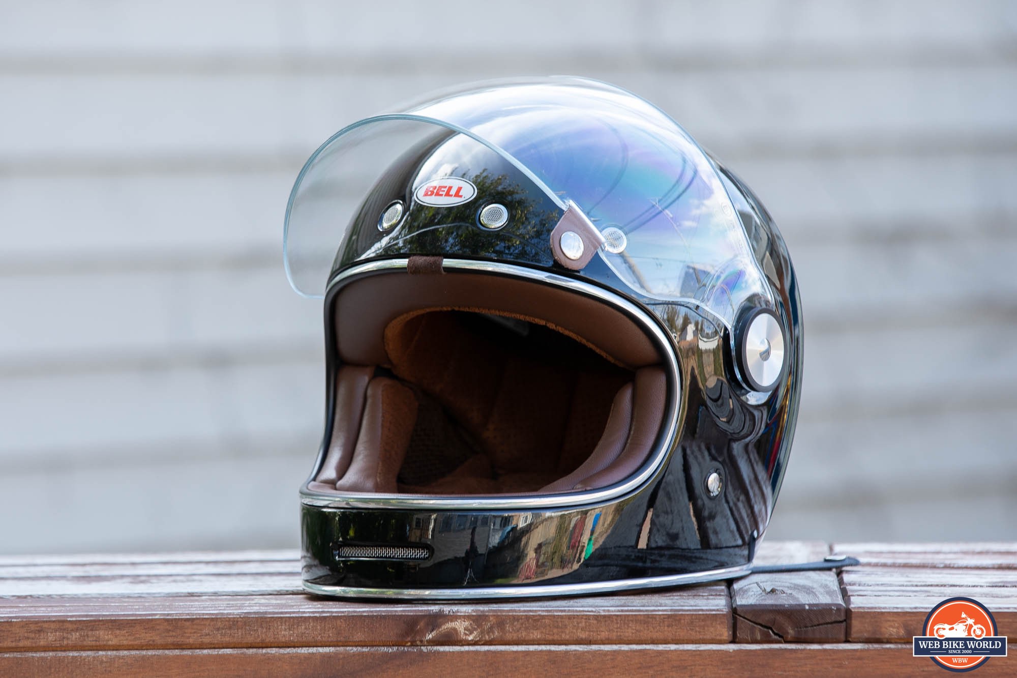 Bell Bullitt Helmet on wooden surface with face shield raised
