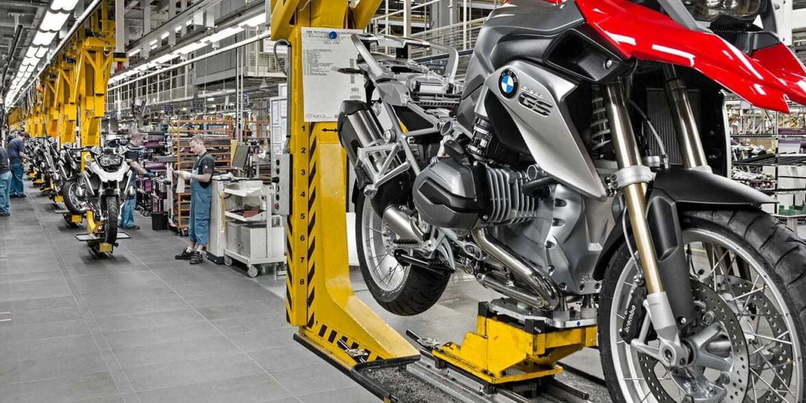 A view of a BMW Motorcycle in the factory