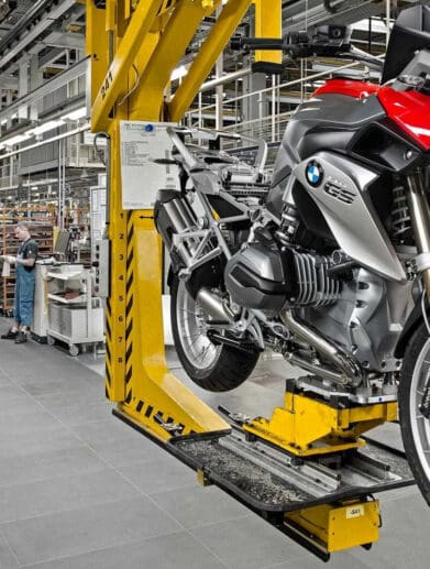 A view of a BMW Motorcycle in the factory