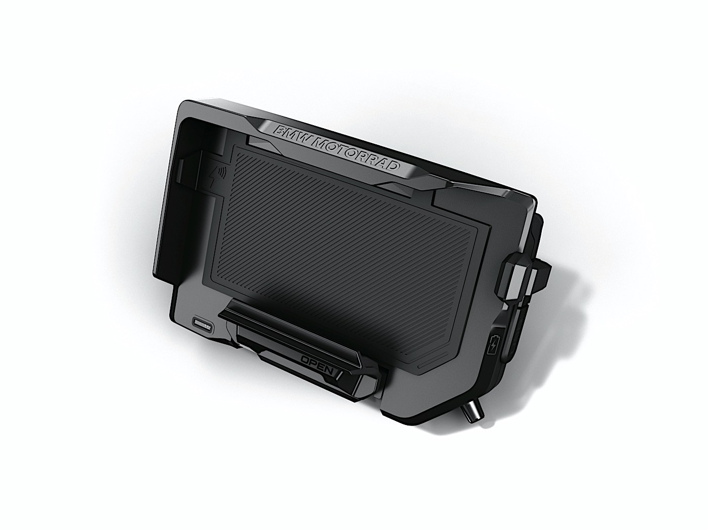 A view of the all-new BMW ConnectedRide Cradle: a smartphone holder that may potentially have the damping power to protect our smartphone cameras from motorcycle vibrations.