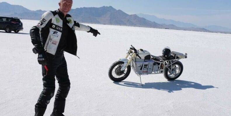 A view of the new prototype from Delfast, called the "Dnepr", that won a speed record on the Bonneville Salt Flats