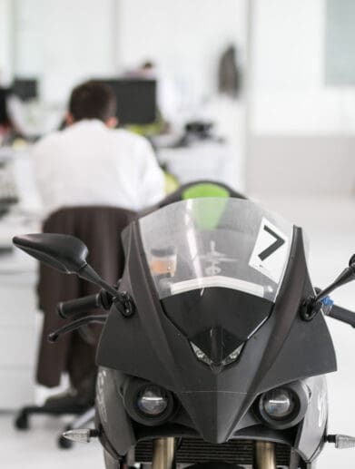 A view of an Energica motorcycle from the front
