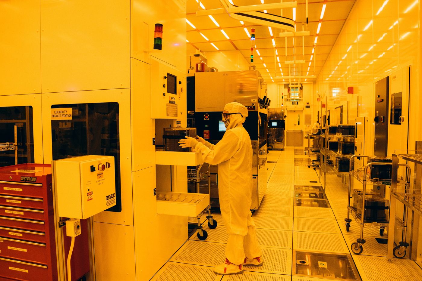 A view of workers at a semiconductor (microchip) factory