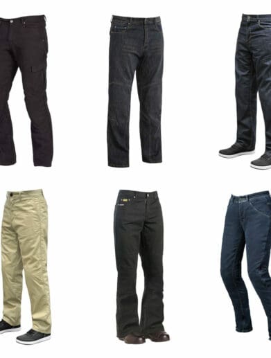Collage of Iron Workers motorcycle pants on white background