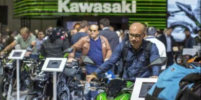 A view of people milling around the Kawasaki setup in EICMA