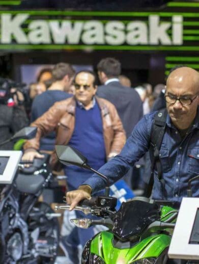 A view of people milling around the Kawasaki setup in EICMA