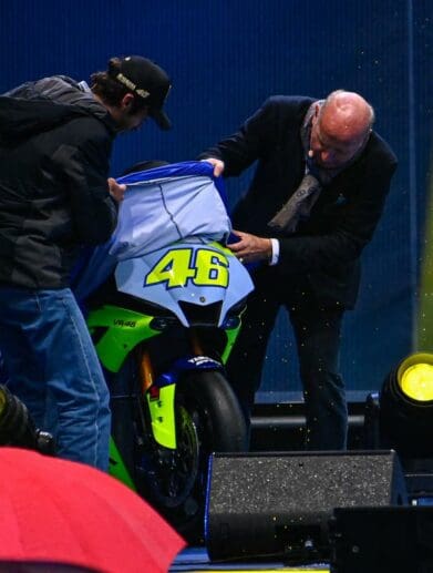 Valentino Rossi checking out the new limited edition tribute bike from Yamaha in commemoration of his 26-year career