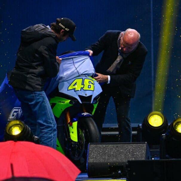 Valentino Rossi checking out the new limited edition tribute bike from Yamaha in commemoration of his 26-year career