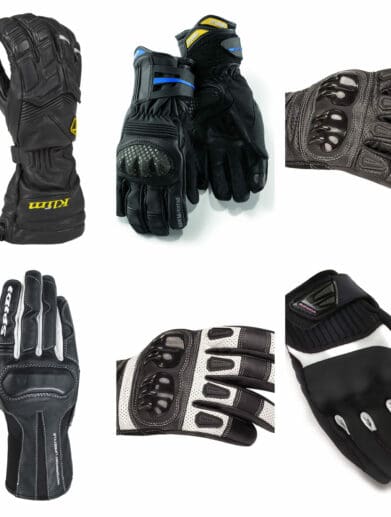Collage of motorcycle gloves on white background
