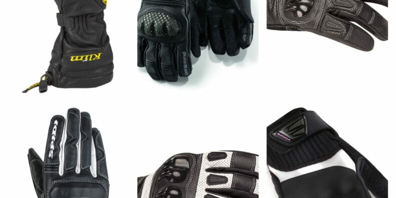Collage of motorcycle gloves on white background