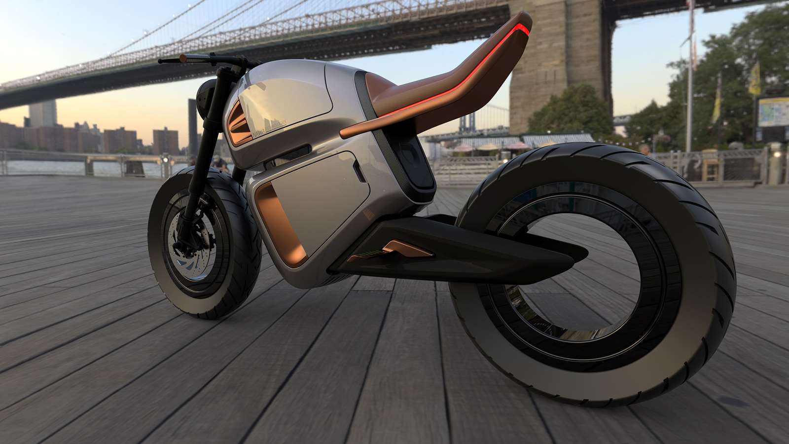 A view of the world's first hybrid electric motorcycle, available from NAWA and debuting as an electric motorbike concept for 2021 EICMA: Press release media, rear side view