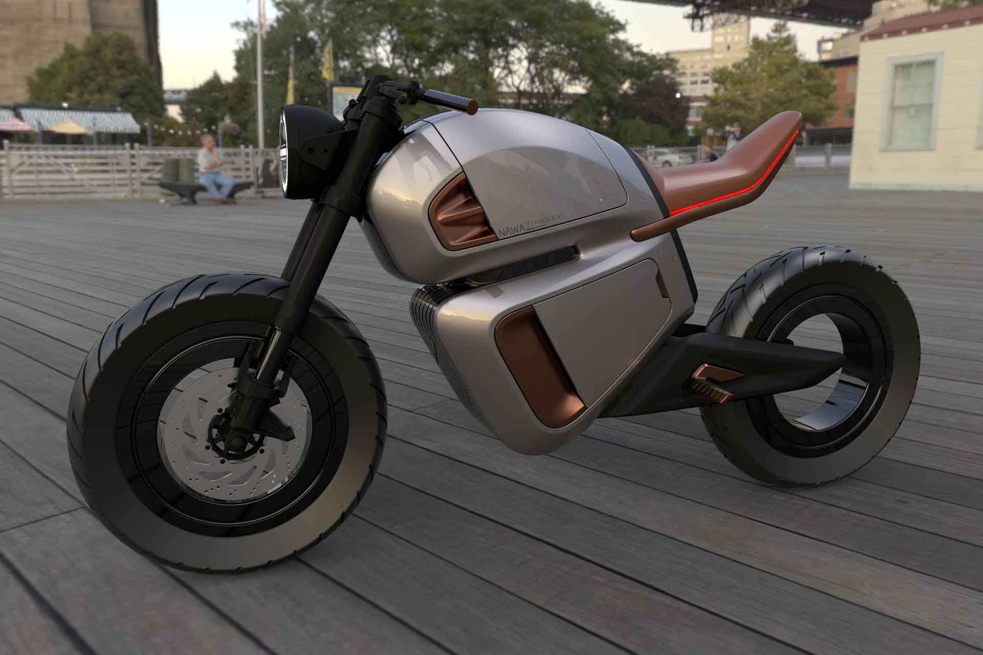 A view of the world's first hybrid electric motorcycle, available from NAWA and debuting as an electric motorbike concept for 2021 EICMA: Press release media, side view