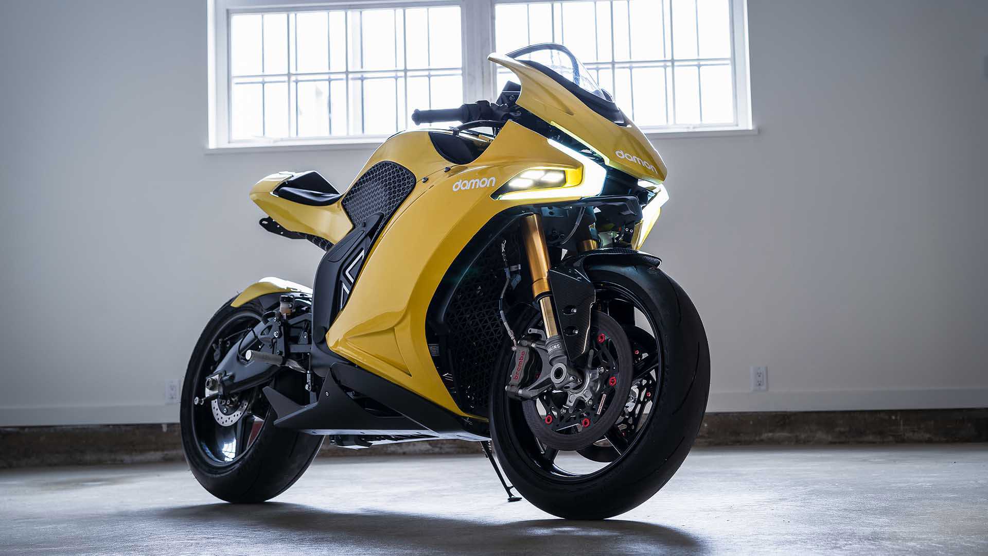 A view of a supersport electric motorcycle from Damon motors