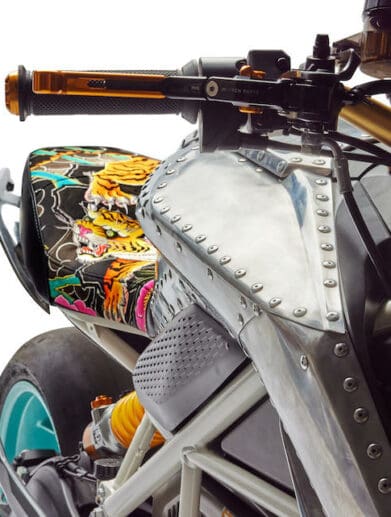 The See See x Tinker Hatfield Custom Zero SR/F Motorcycle with rearo-futuristic and Neo-steampunk elements...and enough rivets to float a boat.