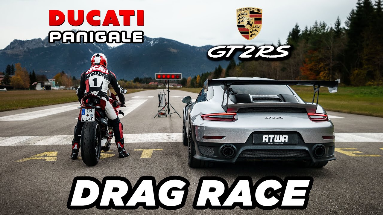 A view of Daniel Abt and a motorcyclist trying out a quarter-mile drag race between a Ducati Panigale V4 S and a Porsche GT2 RS