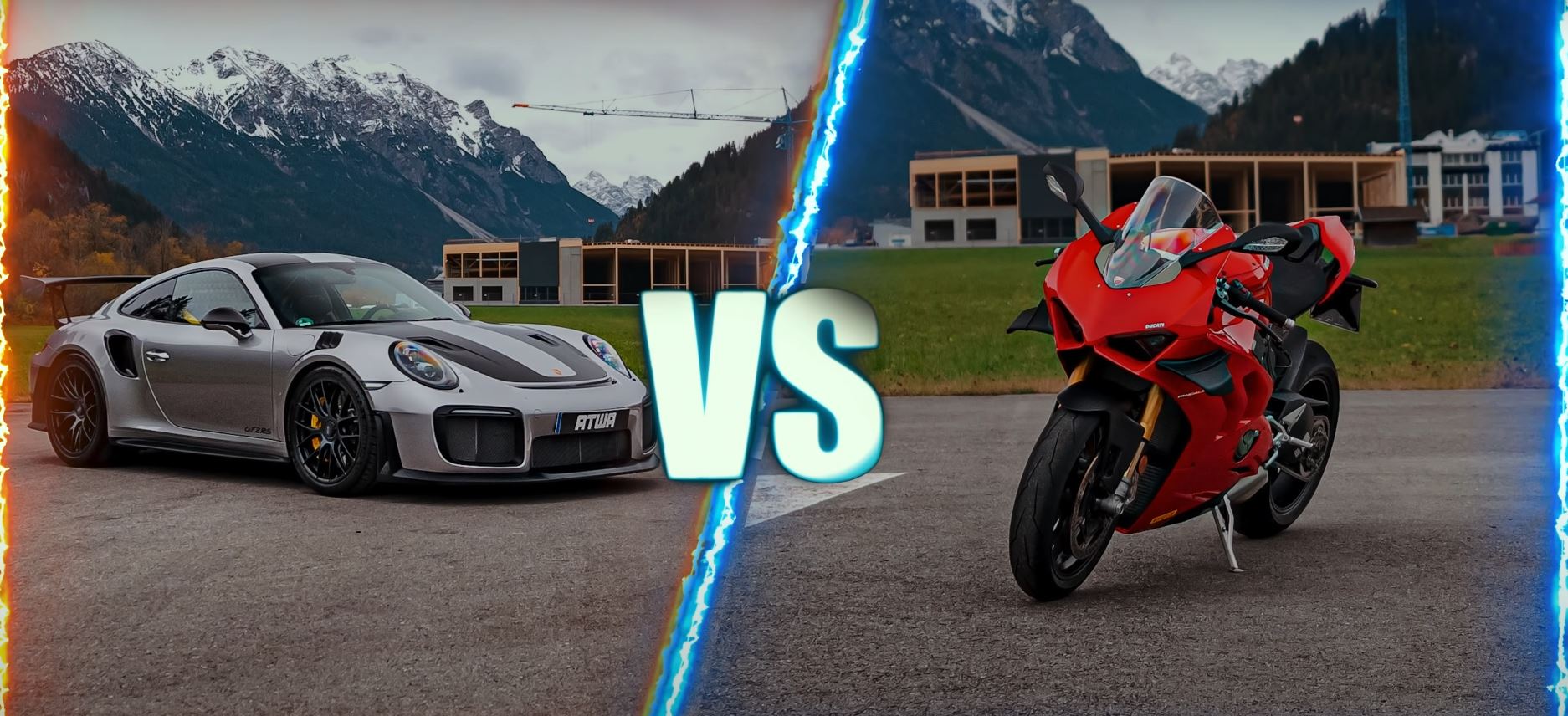 A view of Daniel Abt and a motorcyclist trying out a quarter-mile drag race between a Ducati Panigale V4 S and a Porsche GT2 RS