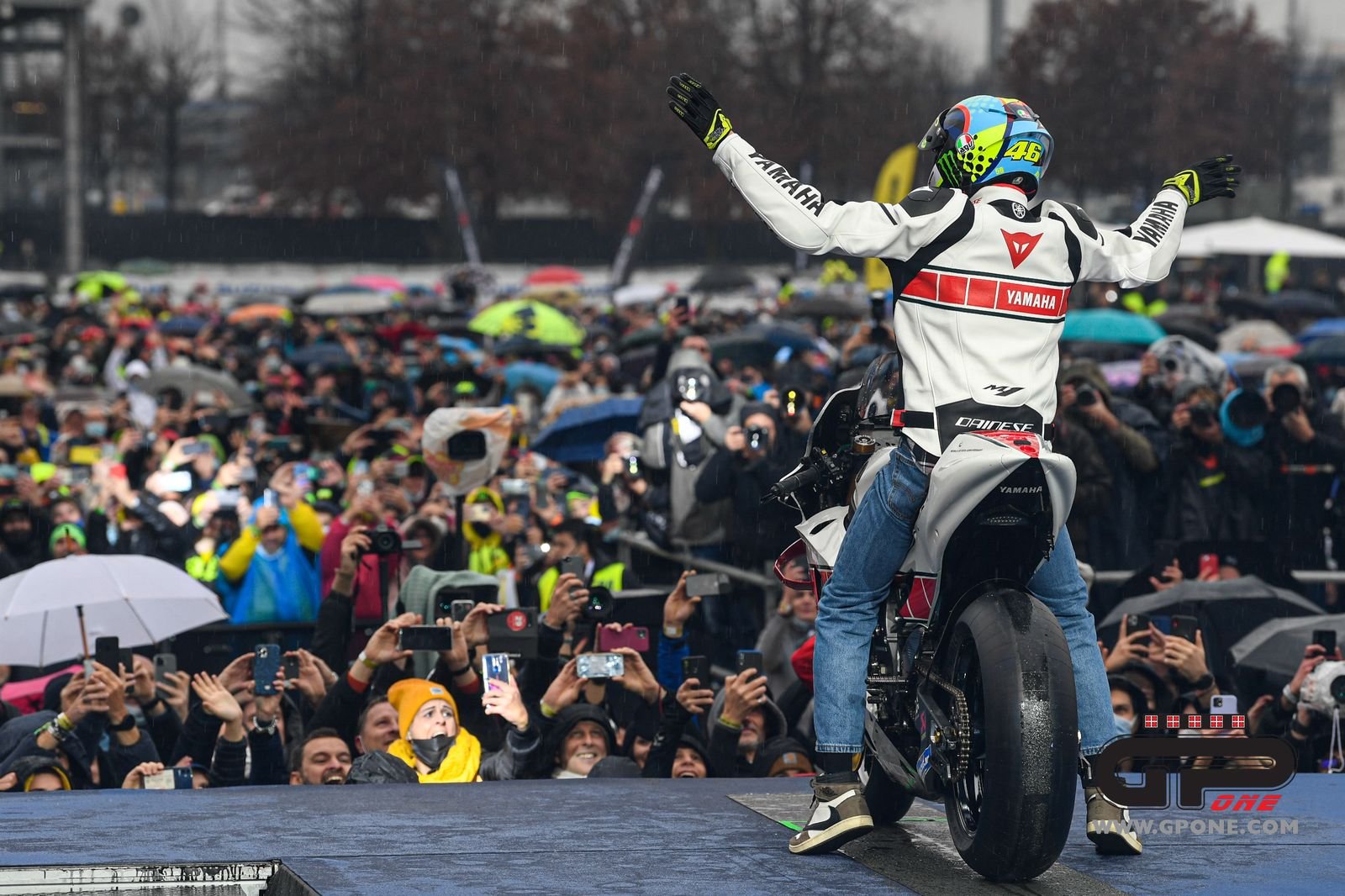 Valentino Rossi on the 60th anniversary special limited edition Yamaha R1 brought out for his 'One More Lap' event at 2021 EICMA