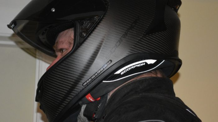 Side view of reviewer wearing the Scorpion EXO-R1 Air Carbon Helmet