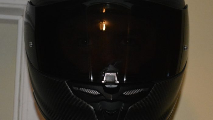 Front view of reviewer wearing the Scorpion EXO-R1 Air Carbon Helmet