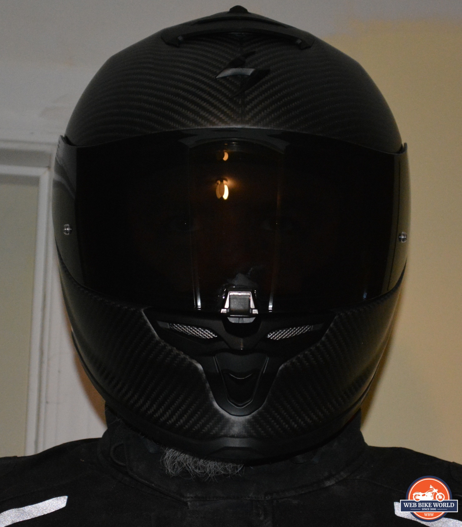 Front view of reviewer wearing the Scorpion EXO-R1 Air Carbon Helmet