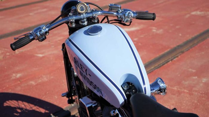 A view of the tank from the custom Springer Bobber Blue Harley-Davidson Softail Standard Motorcycle from Lord Drake Kustoms