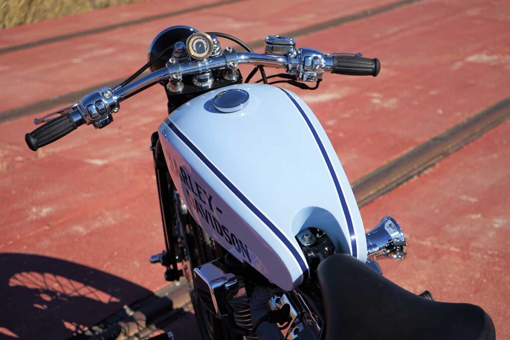 A view of the tank from the custom "Springer Bobber Blue" Harley-Davidson Softail Standard Motorcycle from Lord Drake Kustoms