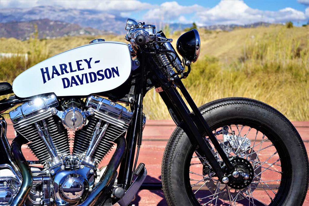 the front-side view from the custom Springer Bobber Blue Harley-Davidson Softail Standard Motorcycle from Lord Drake Kustoms