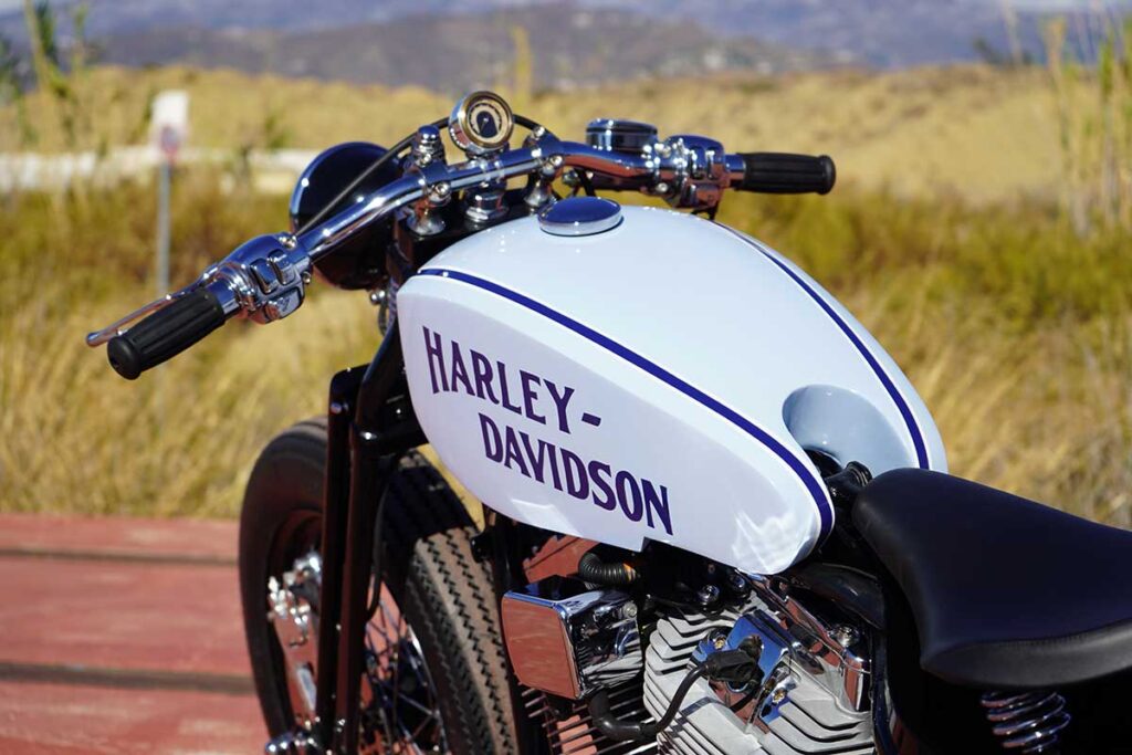 A view of the tank from the custom "Springer Bobber Blue" Harley-Davidson Softail Standard Motorcycle from Lord Drake Kustoms