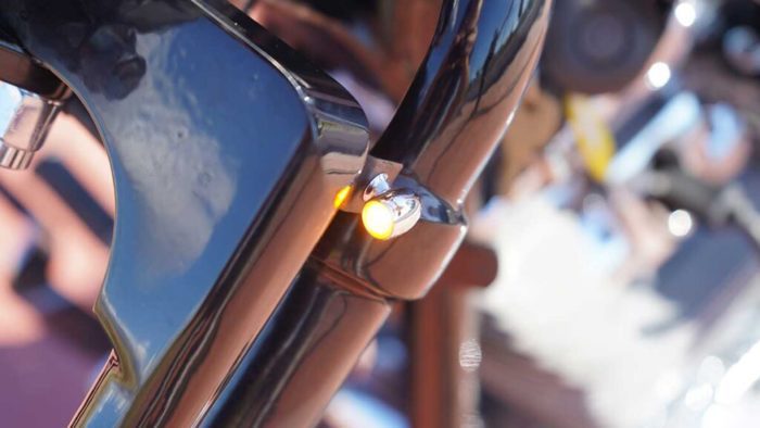 the turn signals from the custom Springer Bobber Blue Harley-Davidson Softail Standard Motorcycle from Lord Drake Kustoms the turn signals from the custom Springer Bobber Blue Harley-Davidson Softail Standard Motorcycle from Lord Drake Kustoms