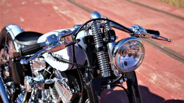 The headlight view from the custom Springer Bobber Blue Harley-Davidson Softail Standard Motorcycle from Lord Drake Kustoms The headlight view from the custom Springer Bobber Blue Harley-Davidson Softail Standard Motorcycle from Lord Drake Kustoms