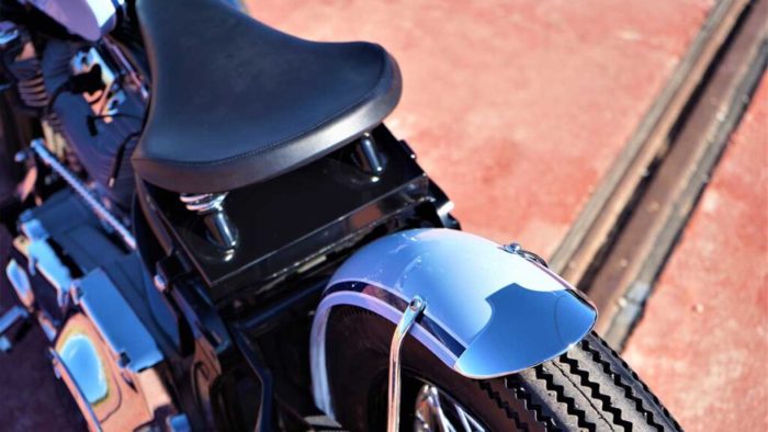 the seat view from the custom Springer Bobber Blue Harley-Davidson Softail Standard Motorcycle from Lord Drake Kustoms