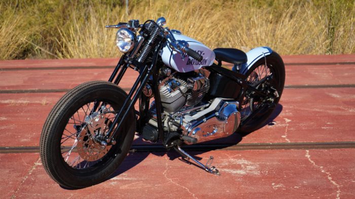 A side view from the custom Springer Bobber Blue Harley-Davidson Softail Standard Motorcycle from Lord Drake Kustoms A side view from the custom Springer Bobber Blue Harley-Davidson Softail Standard Motorcycle from Lord Drake Kustoms