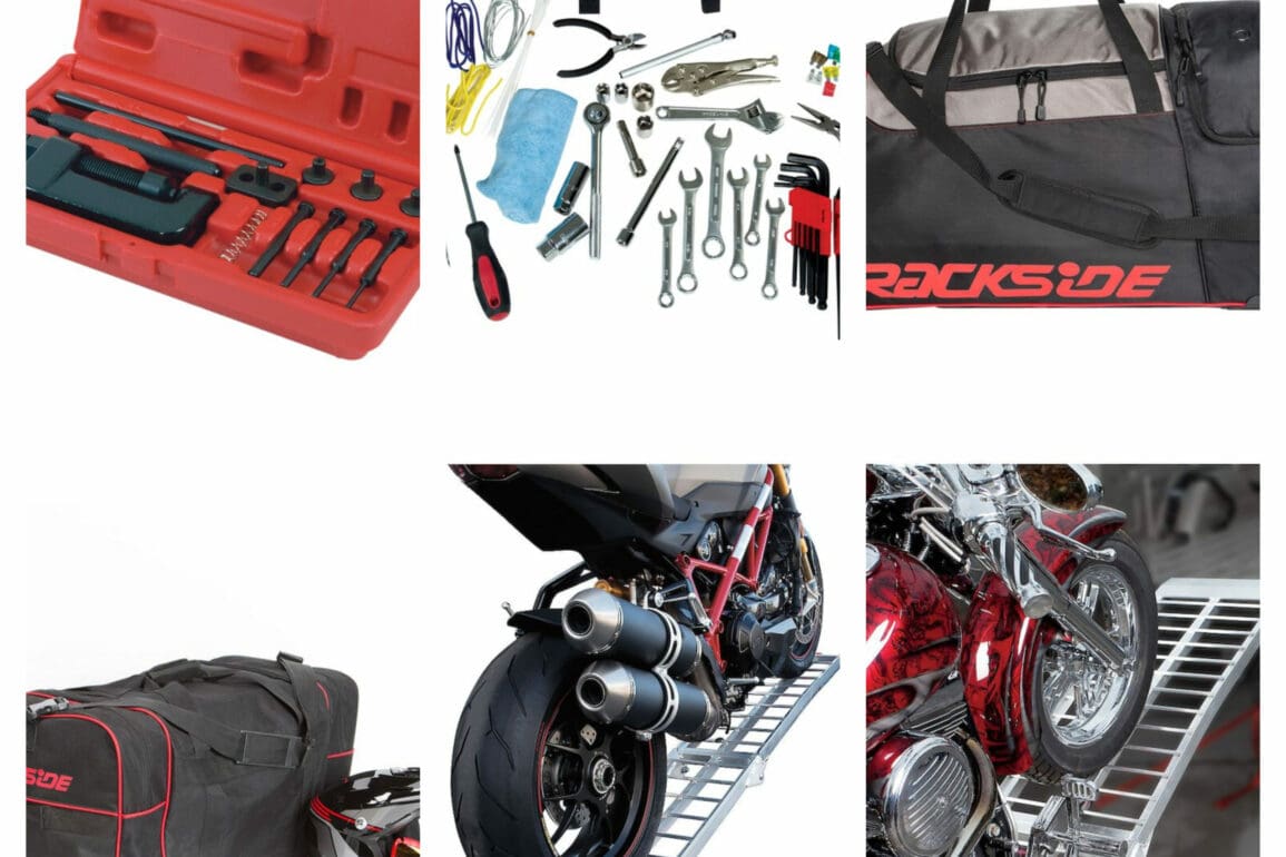 Collage of motorcycle tools and gear bags and ramps