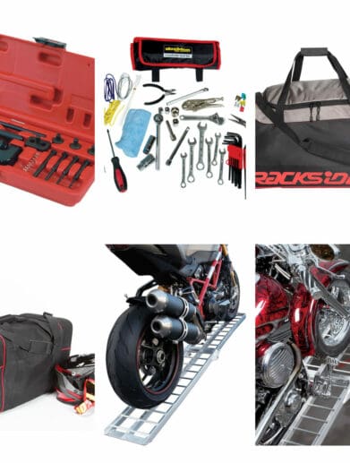 Collage of motorcycle tools and gear bags and ramps