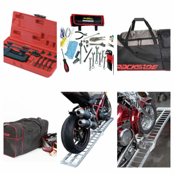 Collage of motorcycle tools and gear bags and ramps