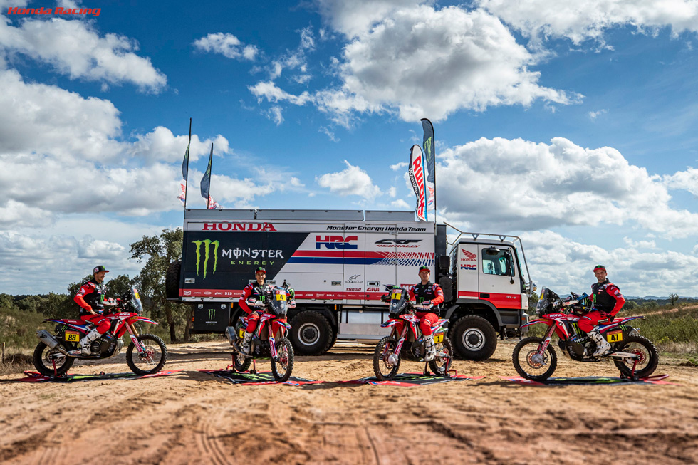 The Monster Energy Team Honda crew participating in the 2022 Dakar Rally and FIM World Rally Raid