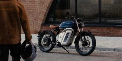 A view of the Maeving RM1 Electric motorcycle featuring swappable batteries