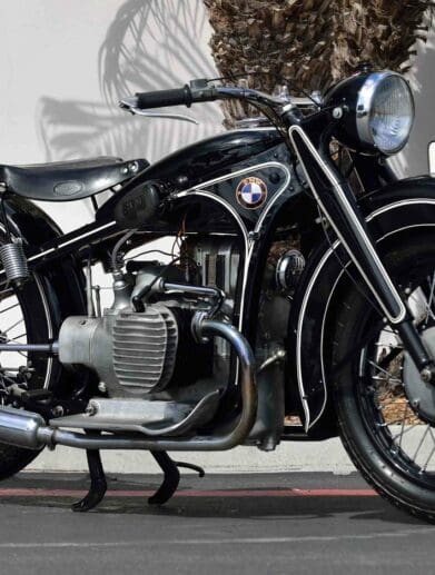 1935 BMW R12 with centre stand down on street