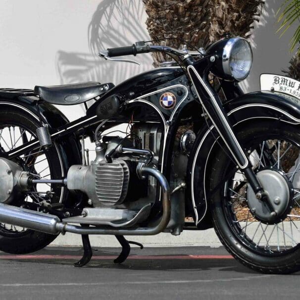 1935 BMW R12 with centre stand down on street