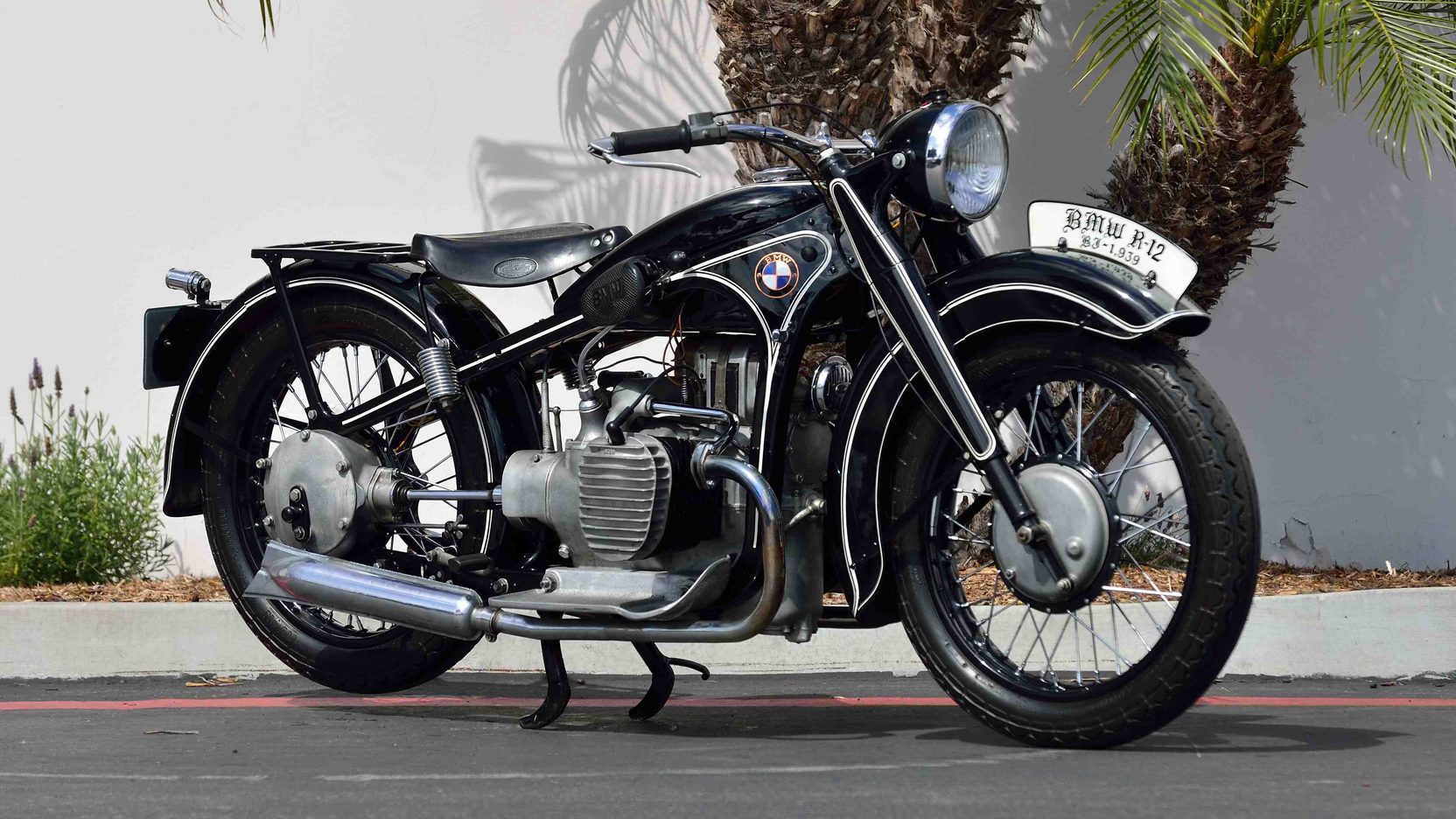 1935 BMW R12 with centre stand down on street