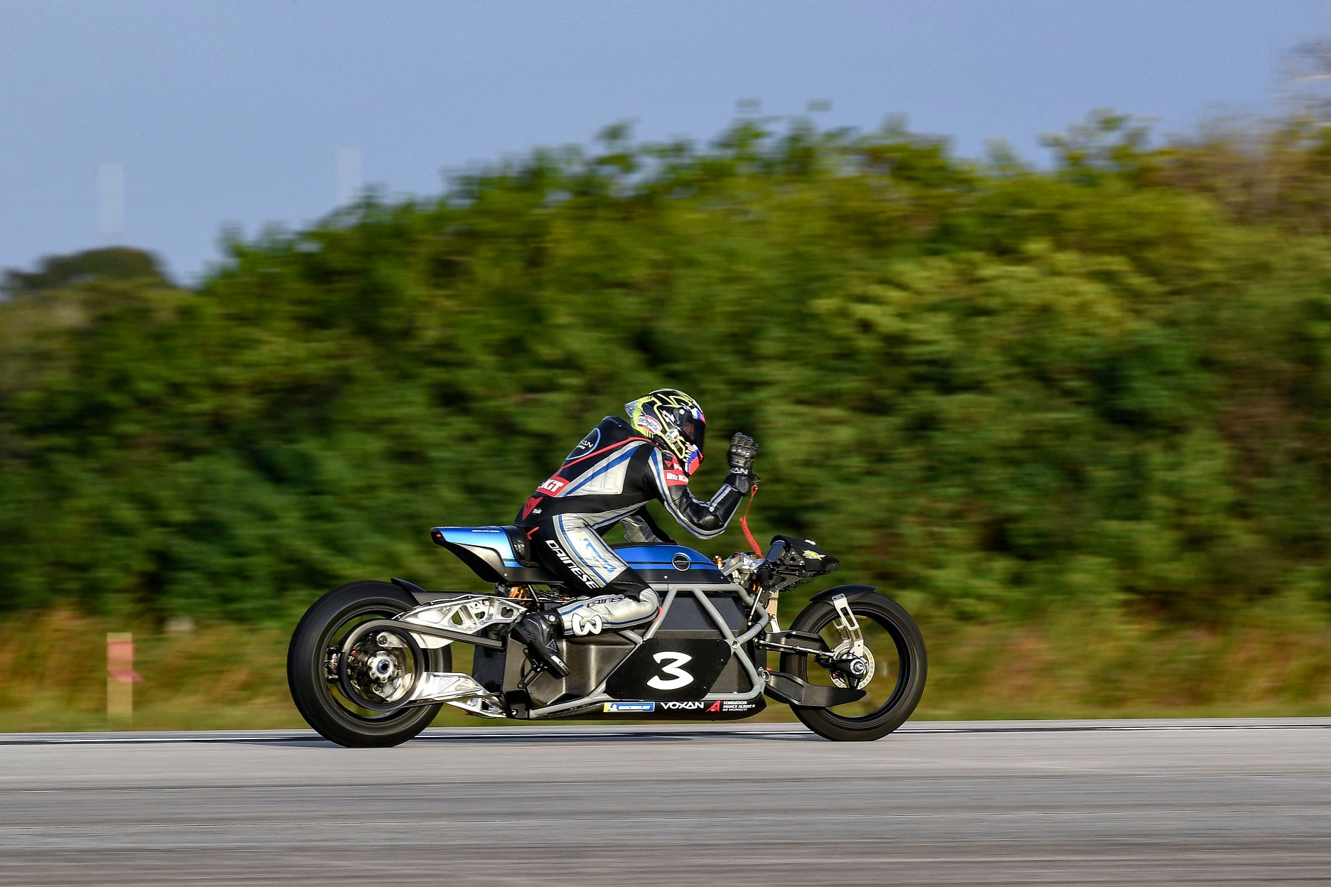 A view of the Voxan team working at and successfully blasting through 21 electric motorcycle speed records on Space Florida’s Launch and Landing Facility