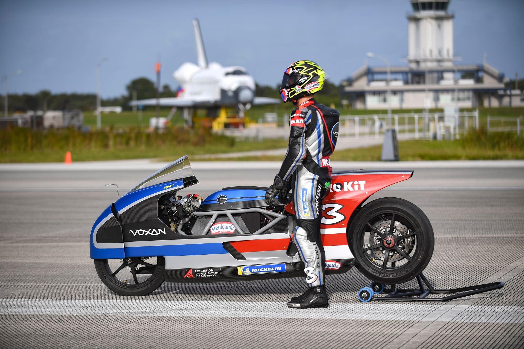 A view of the Voxan team working at and successfully blasting through 21 electric motorcycle speed records on Space Florida’s Launch and Landing Facility